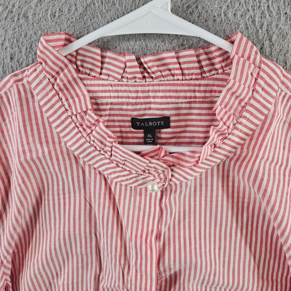 Talbots Womens XL Red White Striped Ruffle Neck Cotton Button Down Shirt Blouse - Picture 4 of 10